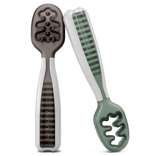 NumNum Baby Spoons Set, Pre-Spoon GOOtensils for Kids Aged 6+ Months - First Stage, Baby Led Weaning (BLW) Spoon - Self Feeding, Silicone Toddler Food Utensils - 2 Spoons, Gray/Green