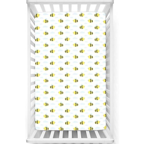 Honey Bee Themed Fitted Crib Sheet,Standard Crib Mattress Fitted Sheet Soft and Breathable Bed Sheets-Crib Mattress Sheet or Toddler Bed Sheet,28“ x52“,Pastel Yellow Baby Blue Dark Grey White