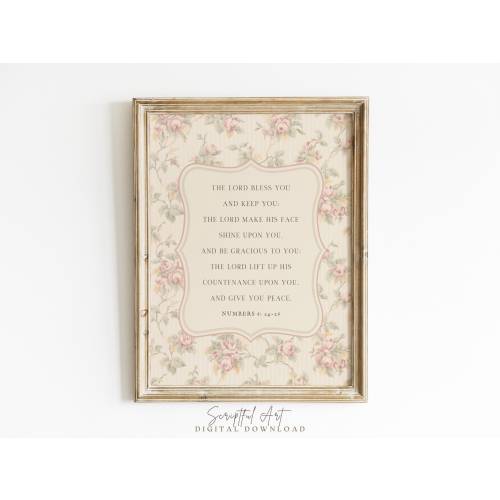 Soft Pink Christian Wall Art, The Lord Bless You and Keep You, Benediction Print, The Lords Blessing, Vintage Floral Poster Digital Download