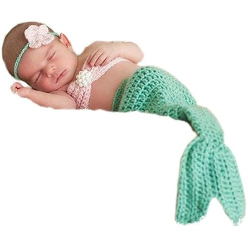 Pinbo Newborn Baby Photography Prop Crochet Mermaid Headband Bra Tail