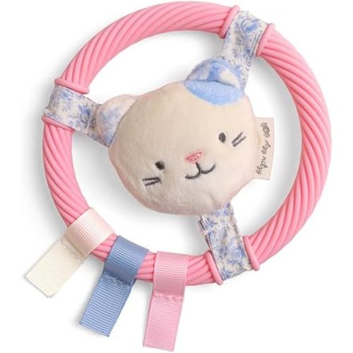 Itzy Ritzy Silicone Teething Ring w/Plush Character - Textured Teether Features Gentle Jingle Sounds, Colorful Ribbons & Easy-Grip Design for Sensory Play - Designed for Ages 3 Months and Up (Kitty)
