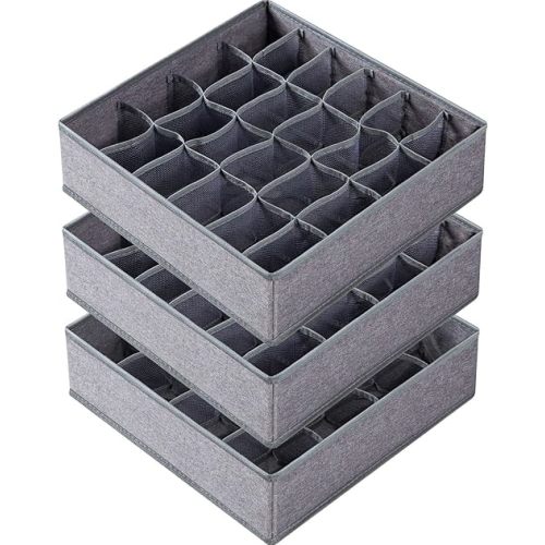 Criusia 3 Pack Sock Underwear Organizer Dividers, 64 Cell Fabric Foldable Cabinet Closet Organizers and Storage Boxes for Storing Socks, Underwear, Ties (16+24+24 Cell, Gray)