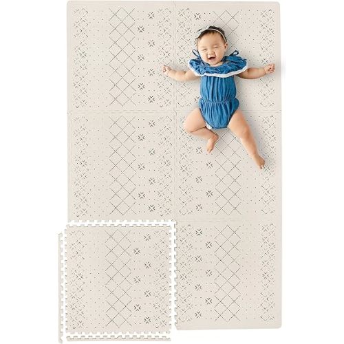 Yay Mats Stylish Extra Large Baby Play Mat. Soft, Thick, Non-Toxic Foam Covers 6 ft x 4 ft. Expandable Tiles with Edges Infants and Kids Playmat Tummy Time Mat (Carter Mudcloth Tan)