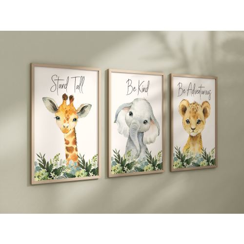 Set of 3 Safari Animal Nursery Prints, Jungle Animals, Greenery, Boy Nursery Wall Art, Shower Gift, Printed, 055
