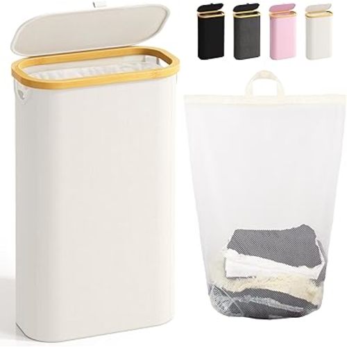 75L Slim Laundry Hamper with Lid, Dirty Clothes Hampers for Laundry, Collapsible Laundry Baskets for Small Spaces, Bedroom, Bathroom, Laundry Room, Beige