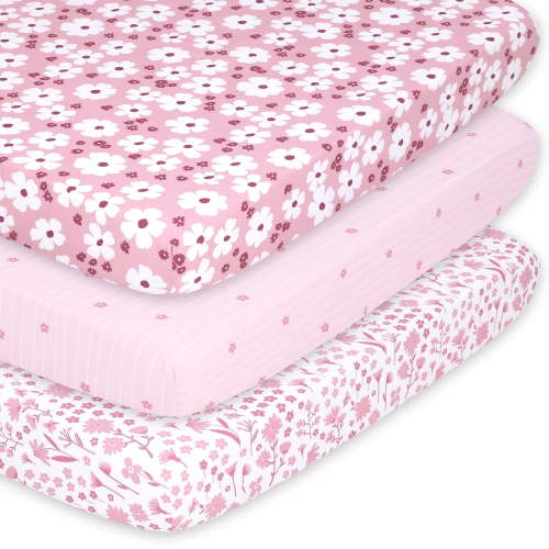 The Peanutshell Pack n Play, Mini Crib, Portable Crib or Fitted Playard Sheets for Baby Girl, Pink Daisy, 3 Pack Set