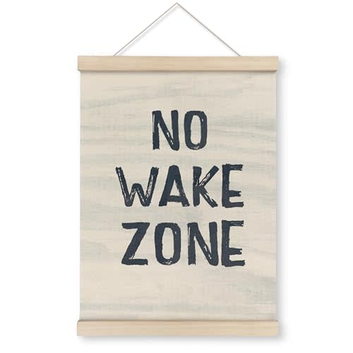 HRQKO No Wake Zone Sign Poster Hanger Frame, Lake House Decor, Lake Decor, Nautical Ocean Wall Art with Wooden Frames, Navy Blue Surf Wall Hanging Banner Decor for Boy Nursery Bedroom, 12x16 Inch