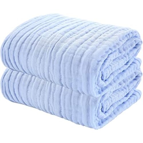 ProC 2Pcs Baby Muslin Bath Towels, Super Soft Cotton Bath Towel 6 Layers Infant Newborn Swaddle Blanket 41.3 X41.3 Inches,Baby Registry as Shower (Blue)