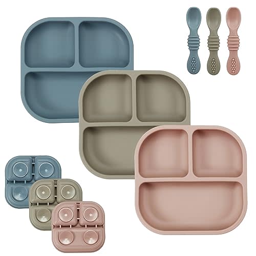 PandaEar Suction Plates for Baby, 3 Pack Silicone Plates & Spoons for Baby Toddlers Infant Kids, Divided Toddler Suction Plate Baby Dish Set, Non-Slip Non-Toxic, BPA Free (Multicolor)