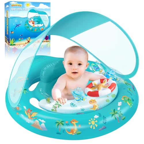 Baby Pool Float with Canopy UPF50+ Sun Protection, Inflatable Kids Pool Floats with Toy Play Console for Baby 6-36 Months, Infant Swimming Float with Adjustable Safety Seat for Boys Girls