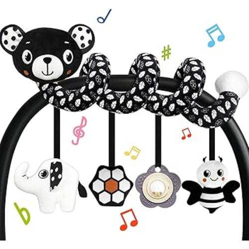 TSYAN Car Seat Toys for Babies 0-6 Months,Hanging Rattle Toys for Crib Mobile, Baby Spiral Hanging Stroller Black and White High Contrast Toys for Newborn 0 3 6 9 12 Months Baby Boys Girls (Bear)