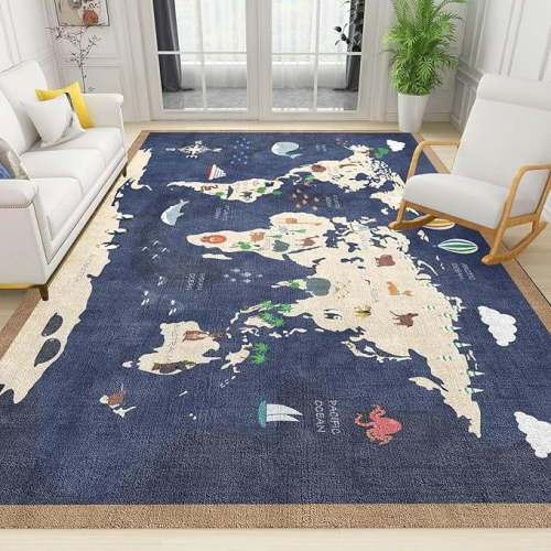 World Map Area Rugs, Cartoon Animals Kids Rug, Ocean Educational Rug Multipurpose Washable Rug For Children Bedrooms And Playroom 4' x 5'