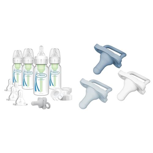 Dr. Brown's Options+ Slow Flow Preemie and Newborn Anti-Colic Bottle Set with 4oz Bottles and HappyPaci & HappyPaci 100% Silicone Pacifier 0-6m, BPA Free, White Blue Light Blue 3-Pack