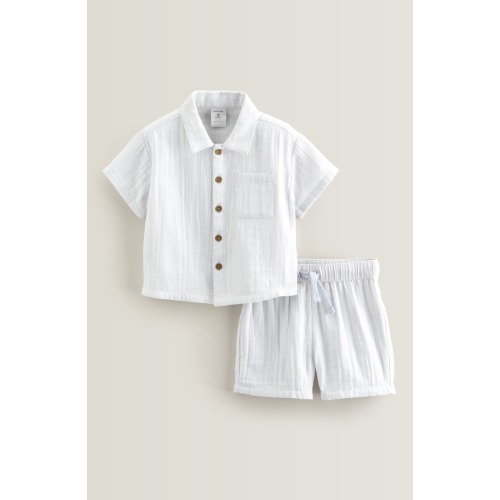 Stripe Short Sleeve Cotton Button-Up Shirt & Shorts Set