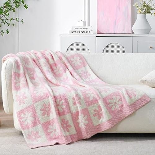 Snuggle Sac Checkered Blanket, Pink Flower Throw Blanket for Couch Plaid Microfiber Fluffy Warm Cozy Fuzzy Soft Throw Blanket Reversible Checkerered Blankets for Sofa, Chair, Bed, 60x80 inches