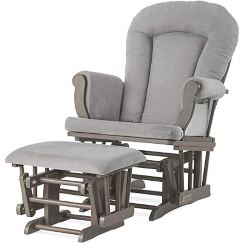 Child Craft Cozy Glider Rocker and Ottoman Set, Padded Cushion with Convenient Storage Pockets, Solid Wood Base & Frame (Dapper Gray with Light Gray Cushion)