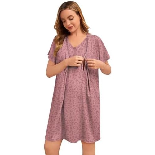 SWOMOG Nursing Nightgown 3 in 1 Labor and Delivery Hospital Gown Maternity Dress Short Sleeve Birthing Robe for Breastfeeding