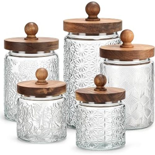 5 Pcs Vintage Glass Canisters Kitchen Glass with Lid, Transparent