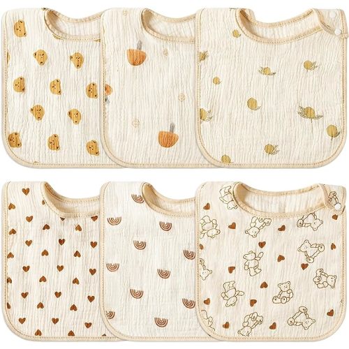 Zainpe 6Pcs Snap Muslin Cotton Baby Bibs Soft & Absorbent Burp Cloths for Newborns Drooling Feeding