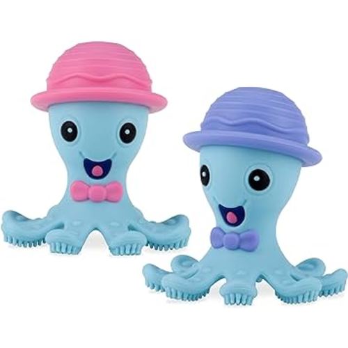 Nuby Silly Silicone Octopus Teethe with Soothing Massaging Bristles For Sore Gums, Pink/Purple