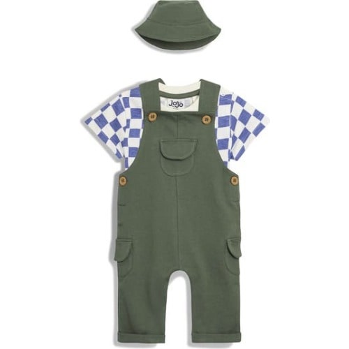 Check T-Shirt, Knit Overalls & Bucket Hat Set, 6-12M