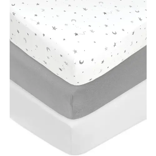 American Baby Company 3 Pack Fitted Crib Sheets 28" x 52", Soft Breathable Neutral 100% Cotton Jersey Sheet, Gray Stars/Gray/White, for Boys and Girls, Fits Crib and Toddler Bed mattresses