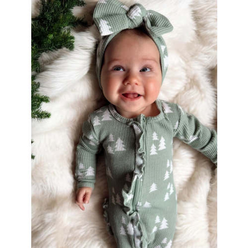 Organic Waffle Ruffle Zip Footie, Alpine Trees