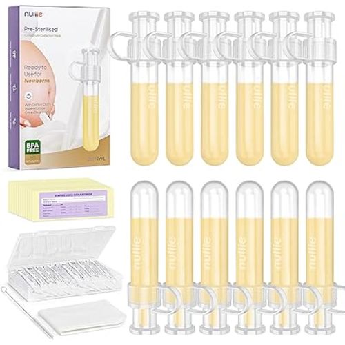 Nuliie Colostrum Collector Kit 7ml/12pcs, Leakproof, Reusable Breast Milk Collector, Heat & Freezer Resistant, BPA-Free, With Cotton Cloth Wipe, Storage Case, Cleaning Brush -Ready-to-Use for Newborns