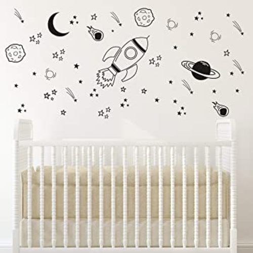 Space Wall Decal Nursery, Outer Space Decor, Rocket Decal, Boy Room Decor, Space Ship Decal, Space Themed Room, Planets Wall Decal for Baby Boys Nursery A37 (Black)