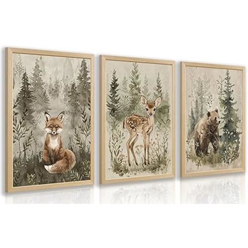 kilamino Wood Framed Woodland Animal Nursery Wall Art, Cute Fox Bear Deer Wall Decor, Neutral Wildlife Animal Art Prints, Funny Nature Forest Animal Canvas Paintings for Baby Room Playroom 12"x16"x3