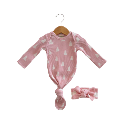 Organic Waffle Knotted Gown & Bow Set, Pink Christmas Trees