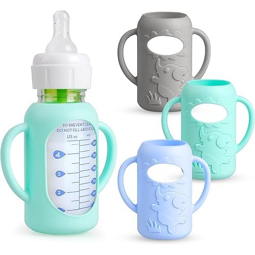 3-Pack Silicone Bottle Sleeve with Handles for Dr. Brown’s 4oz Narrow Glass Baby Bottles – BPA-Free, Heat-Resistant, Anti-Slip Grip, Easy to Clean, Multiple Colors (4oz,Green + Blue + Gray)