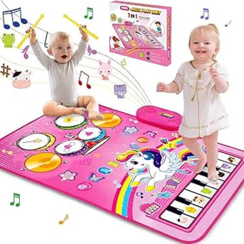 Toys for 1 Year Old Girl Gifts: Baby Music Mat Toddler Toys Age 1-2 - 3 in 1 Piano Drum Animal Touch Unicorn Toy - Infant Musical Toy 12-18 Months Babies Birthday Easter Gifts for 1 2 3 Year Old Girls