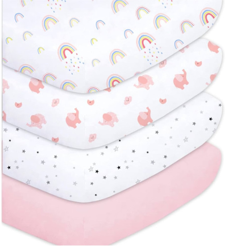 Plushii Crib Sheets for Baby Girls 4 Pack, 28"x 52" Extra Soft Microfiber Crib Sheet Set for Standard Crib & Toddler Mattress Pad, Rainbow & Elephant & Stars & Pink