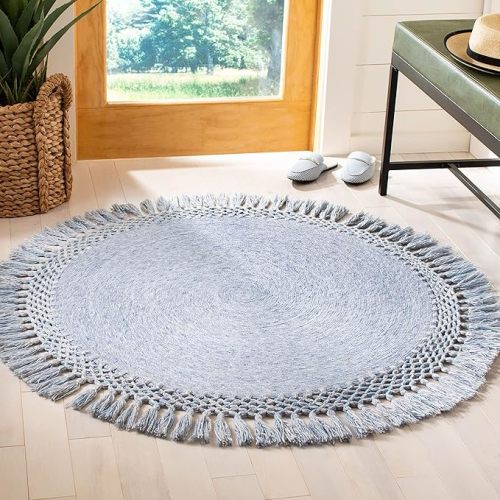 SAFAVIEH Sahara Collection 4' Round Blue Denim SAH490L Handmade Boho Tassel Area Rug
