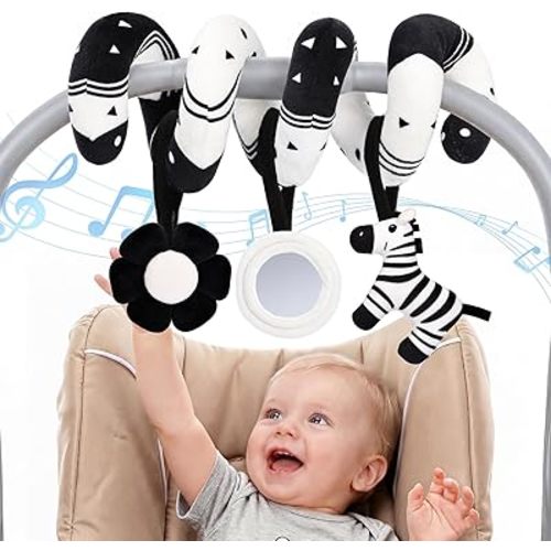 URMYWO Spiral Car Seat Baby Toys 0-6 Months, High Contrast Black and White Sensory Toys for Newborn, Infant Hanging Stroller Toy with Zebra Rattle, Squeaky Flower & Mirror, Shower Gift Essentials