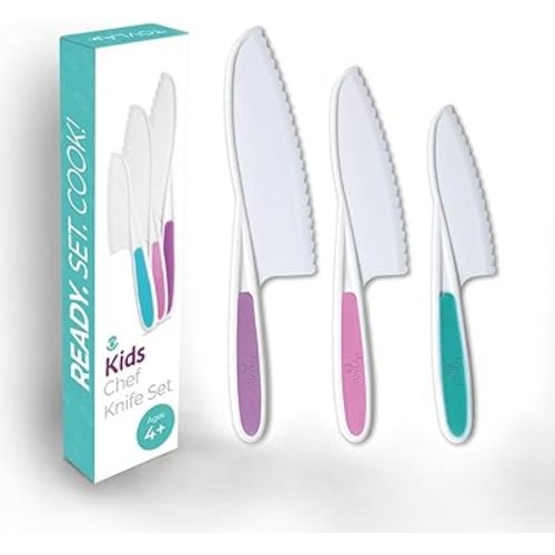 Tovla Jr. Knives for Kids 3-Piece Kitchen Baking Knife Set: Montessori Children's Real Cooking Knives in 3 Sizes & Colors/Firm Grip, Serrated Edges, BPA-Free Kids' Toddler Knives (colors vary)