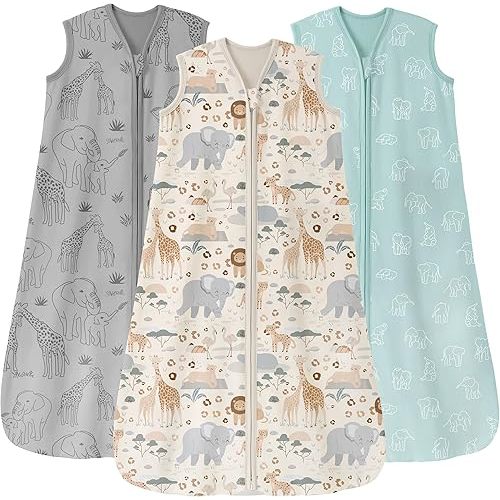 Baby Sleep Sack 0-6 Months 3 Pack 100% Cotton Lightweight 0.5 TOG Wearable Blanket Baby Sleep Bag with 2-Way Zipper for Newborn Infant Apricot Gray Green Elephant