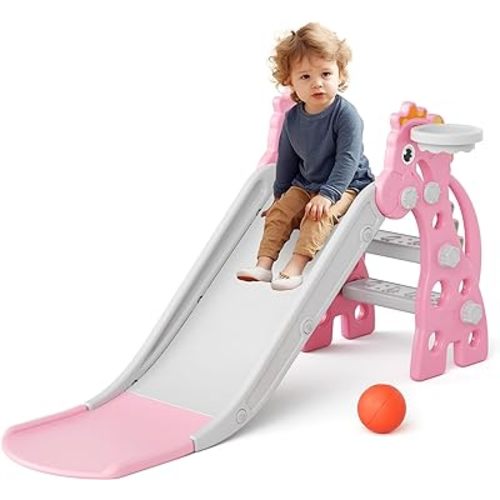 GLAF Toddler Slide Indoor for Toddlers 1-3 Baby Slide Outdoor Playset with Basketball Hoop and Ball Plastic Foldable Slides for Kids Backyard Climber Set (Pink)