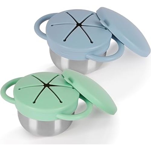 2 Pack 304 Stainless Steel Snack Cups for Toddlers, Toddler Snack Containers with Spill-Proof Silicone Travel Lid & Handle, Dishwasher Safe, Removable Snack Cup for Baby, Toddler, Kids