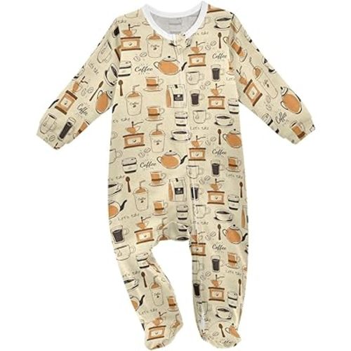 Dussdil Brown Cafe Coffee Beans Baby One-Piece Footies Newborn Rompers Pajamas Cotton Footed Pjs for Sleep Play Boys Girls