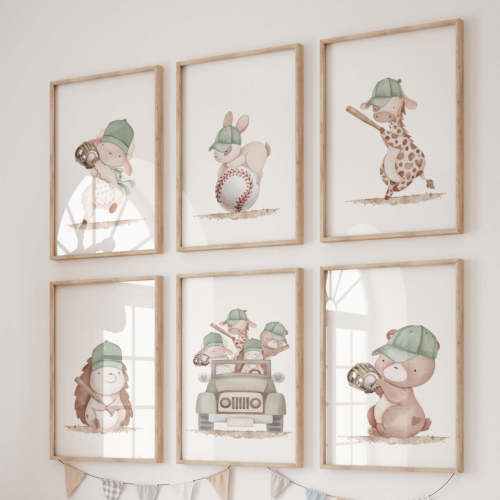 Baseball Nursery Prints with Woodland Animals - Sage Green