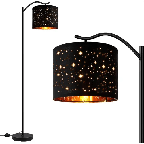 BoostArea Floor Lamp for Living Room,LED Arched Tall Modern Standing Lamp with Bohemian Linen Shade, E26 Socket, Footswitch,Black Mid Century Floor Lamp for Bedrooms,Office,Star Shade