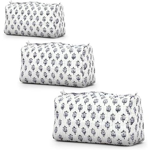 Cotton Hand Block Floral Print Toiletry Bag For Women Make Up Cosmetic Bag Jewelry Organizer Kit Storage Case Travel Accessories Essential Toiletries Purse Pouch (White - Small Medium Large, Set of 3)