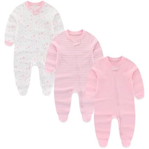 Ecojoy Baby Girls Boys Footed One-Piece Romper Cotton Long Sleeve Jumpsuit Zip Front Footie Romper 0-12 Month