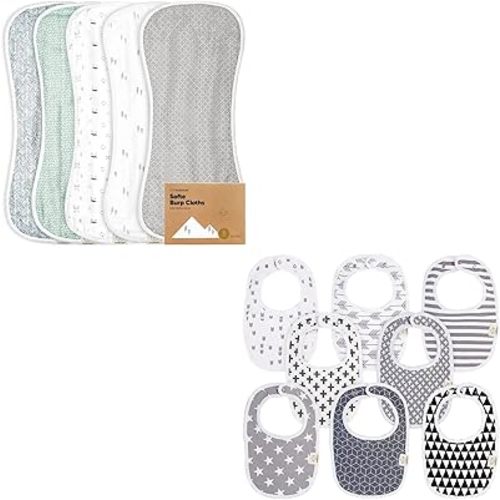 KeaBabies 5-Pack Muslin Baby Burp Cloths and 8-Pack Baby Bibs for Girls & Boys - White Burp Cloth - Newborn Bibs for Baby Girl, Boy