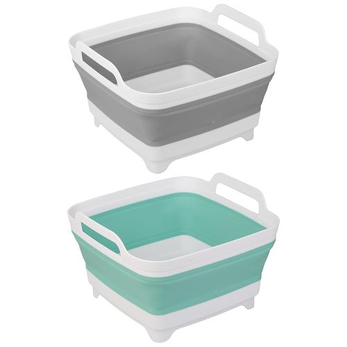 Tiawudi 2 Pack Dishpan for Washing Dishes, Wash Basin with Draining Plug Carry Handles, Collapsible Bucket for Cleaning, Portable Sink, Foldable Plastic Tub, 2.4Gal/9L Each