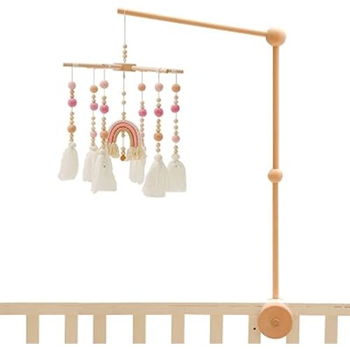 Baby Crib Mobile,Crib Mobile Wooden Mobile with Colorful Cotton Ball Wool Felt Ball Boho Baby Mobile Bassinet Mobile for Crib,Mobile for Baby Nursery and Ceiling Decoration