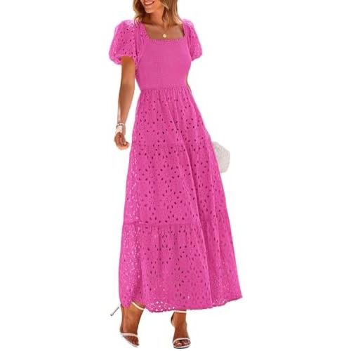 PRETTYGARDEN Summer Dresses for Women 2025 Eyelet Square Neck Puff Sleeve Smocked Wedding Guest Maxi Dress with Pockets