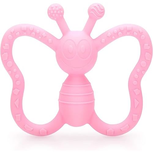 Baby Teething Toys, Butterfly Design Teether Pain Relief Toy for Newborn Babies, Freezer Safe Neutral Shower Gift, Soft Textured for Boy and Girl